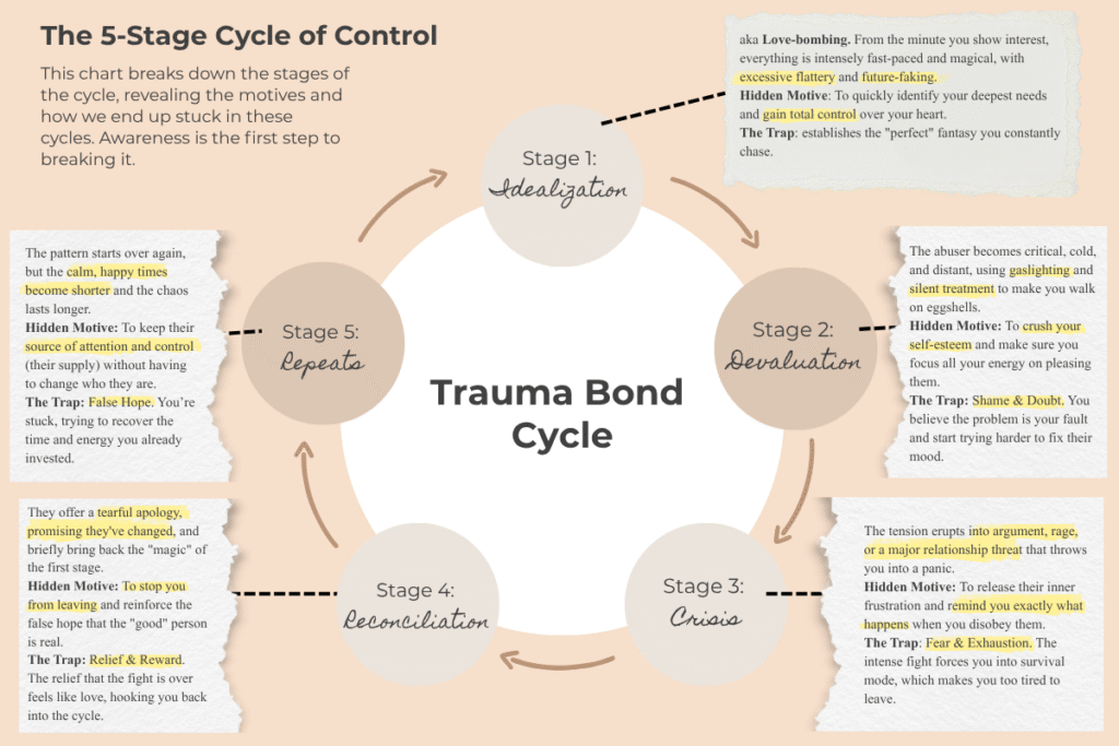 Narcissistic Abuse, Coercive Control, and Stalking: 7 Key Takeaways That Helped Me Break the Cycle 6 Infographic illustrating the five-stage cycle of the trauma bond in narcissistic and coercive control relationships, showing idealization, devaluation, crisis, reconciliation, and hidden motives.