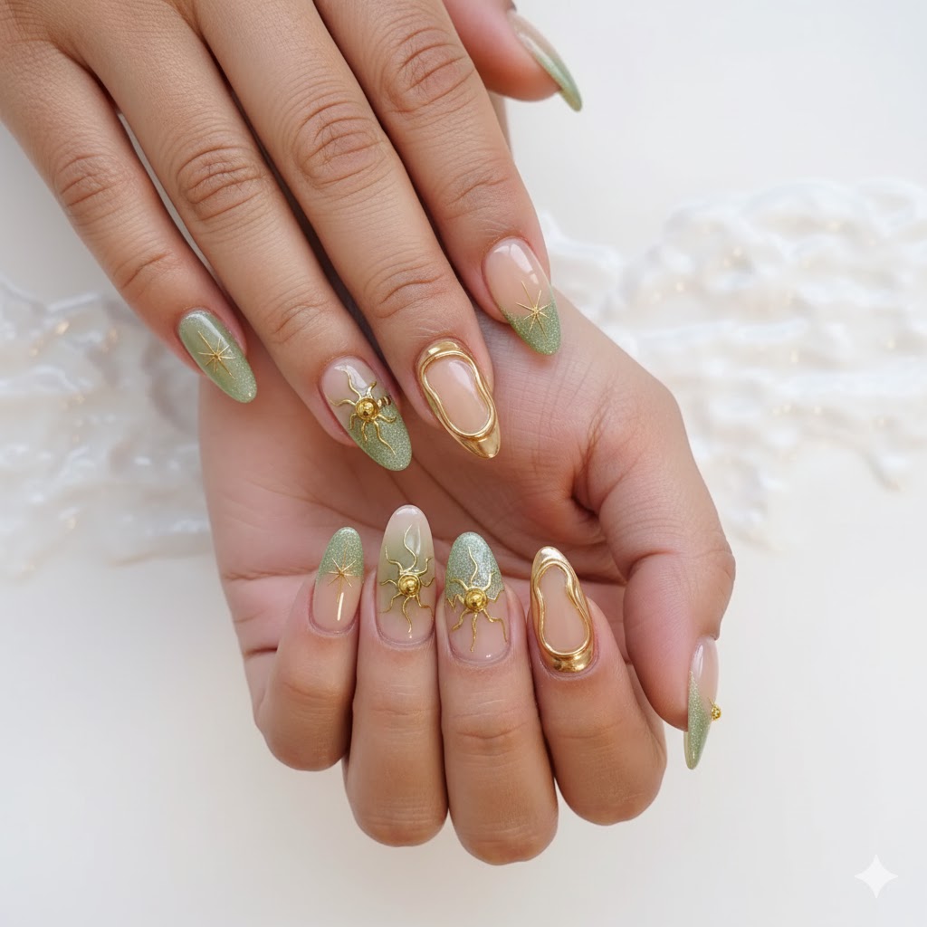 π
Channel Your Inner Goddess With This Opulent Nail Trend 8 Green Goddess press-on nails in a muted olive color with molten gold foil detailing along the edges. Goddess Core aesthetic for a powerful look.