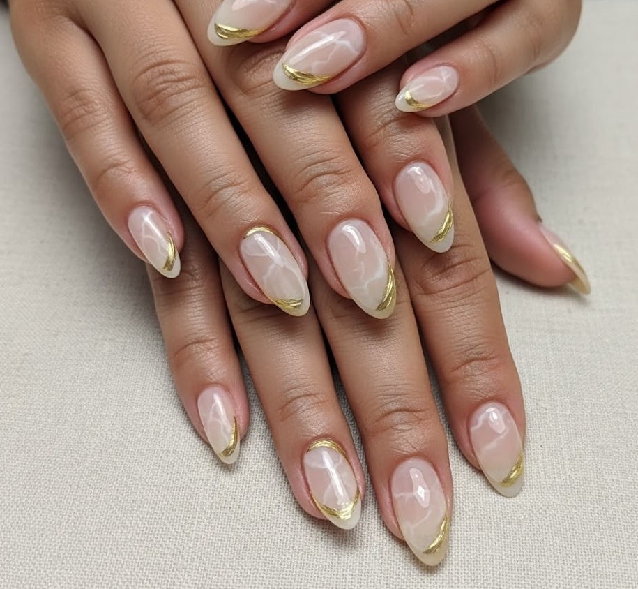 π
Channel Your Inner Goddess With This Opulent Nail Trend 18 Pink marble press-on nails with soft swirling tones, accentuated by rose gold flakes. DIY Goddess Core feminine look.
