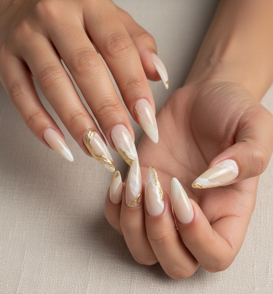 π
Channel Your Inner Goddess With This Opulent Nail Trend 19 White marble effect nails with thin, delicate gold veining on a long almond shape. Statuesque Glam and Goddess Nails.