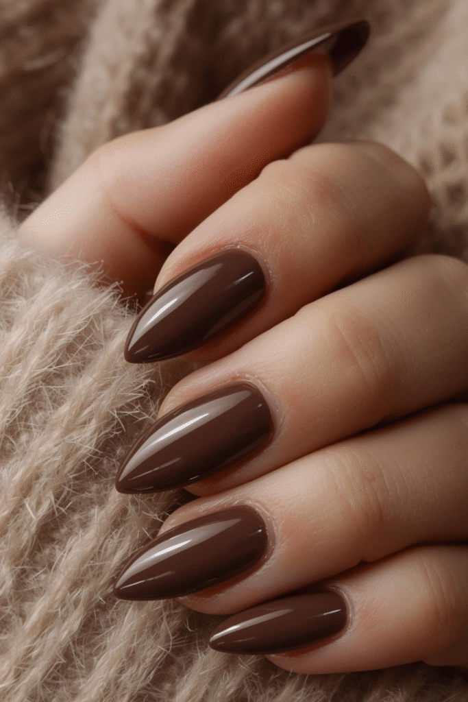 Variety of brown nail shades: matte espresso, glossy mocha, chocolate chrome, and French tips
