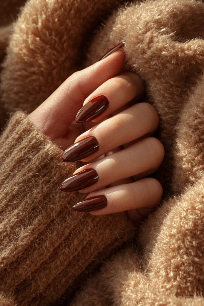 Variety of brown nail shades: matte espresso, glossy mocha, chocolate chrome, and French tips
