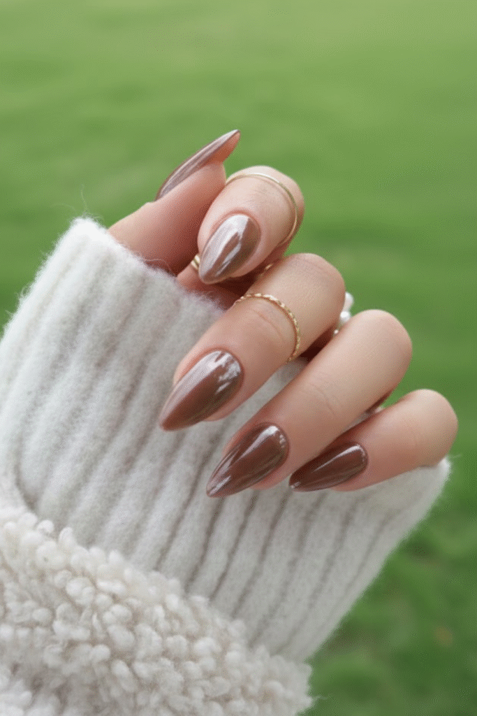 Variety of brown nail shades: matte espresso, glossy mocha, chocolate chrome, and French tips
