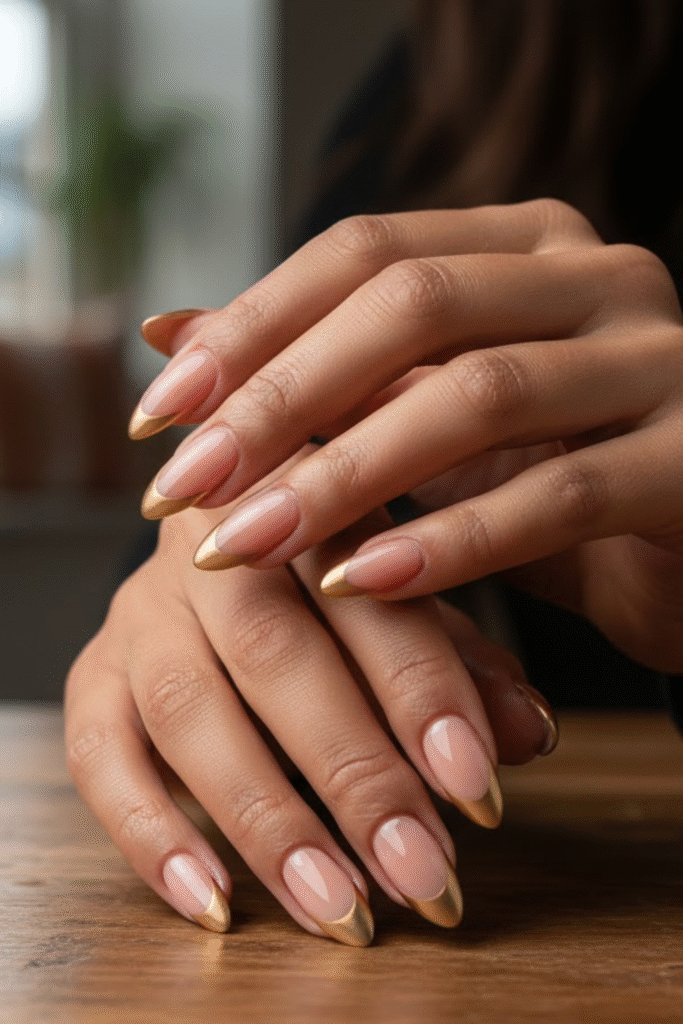Fall French manicure with olive, burnt orange, and brown tips in almond and square shapes
