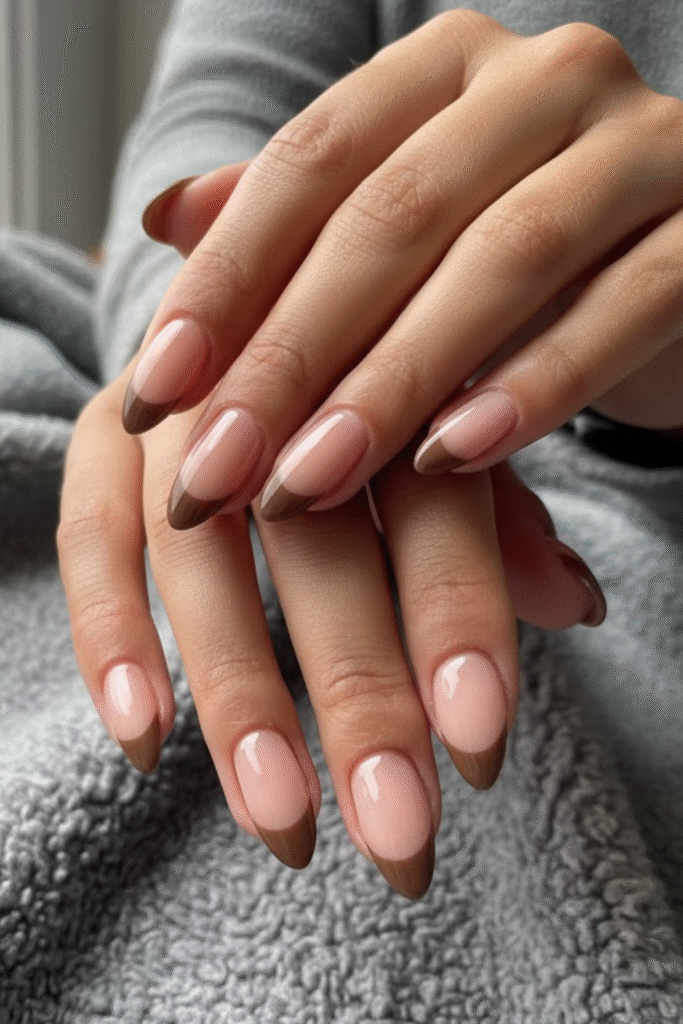 Fall French manicure with olive, burnt orange, and brown tips in almond and square shapes
