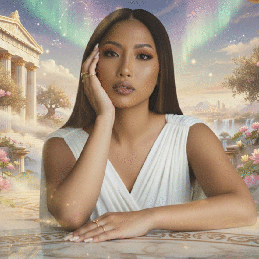 Goddess Nails aesthetic blog post feature image. The post covers 5 opulent nail styles including Gilded French, Greek Goddess, and Sea Goddess. Tips for achieving the Quiet Luxury Rich Auntie Vibe and tapping into Divine Beauty. Keywords: Goddess Core, Goddess Energy Aesthetic, DIY Nails.