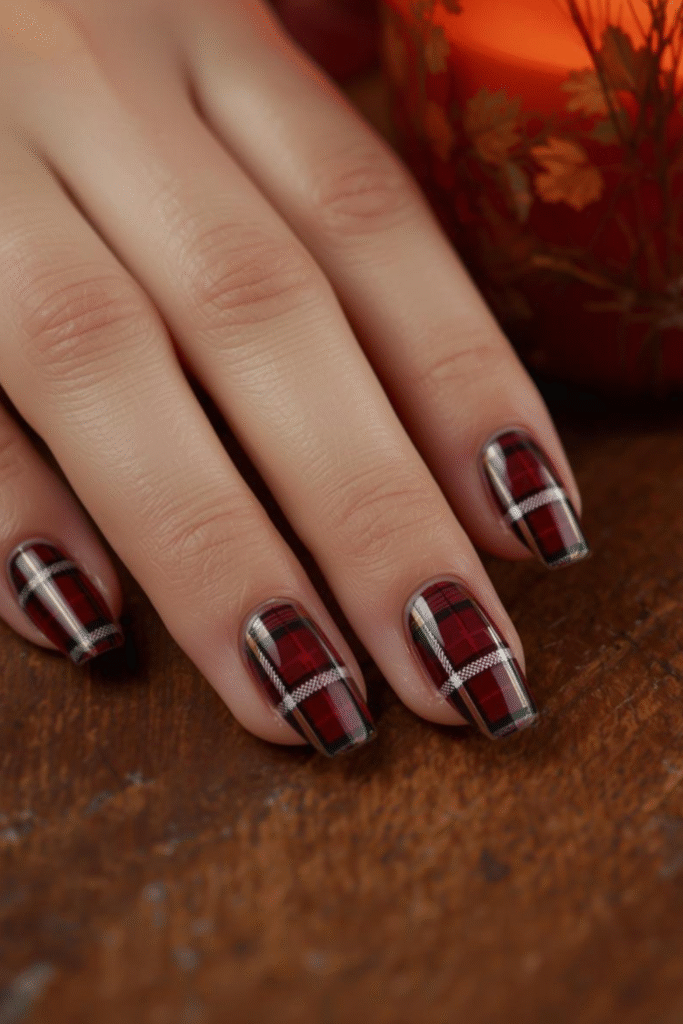 Neutral plaid nail art with beige, taupe, and muted red tones styled for fall