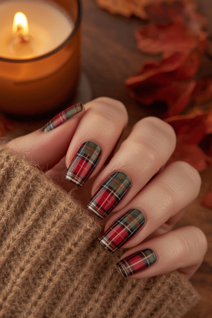 Neutral plaid nail art with beige, taupe, and muted red tones styled for fall