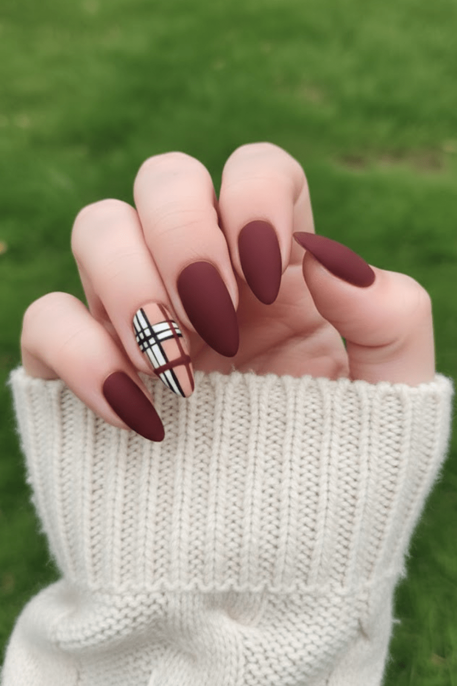 Neutral plaid nail art with beige, taupe, and muted red tones styled for fall