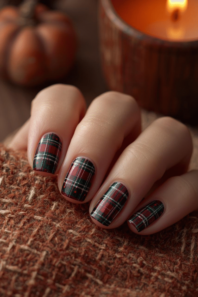 Neutral plaid nail art with beige, taupe, and muted red tones styled for fall