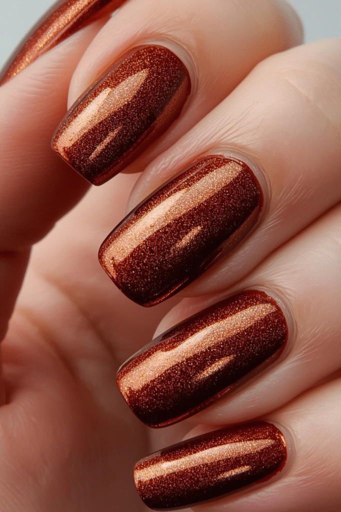 Glossy burnt orange, cinnamon chrome, deep berry, and gold-accented fall nails