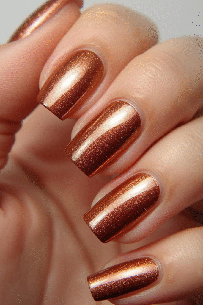 Glossy burnt orange, cinnamon chrome, deep berry, and gold-accented fall nails
