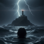 Lighthouse on a cliff with lightning in the background, symbolizing guidance and resilience during coercive control and narcissistic abuse recovery.