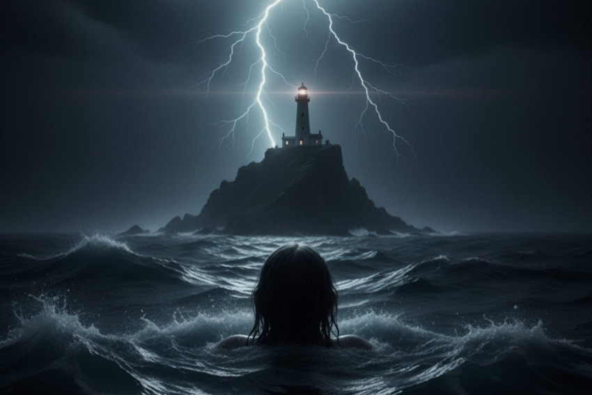 Lighthouse on a cliff with lightning in the background, symbolizing guidance and resilience during coercive control and narcissistic abuse recovery.