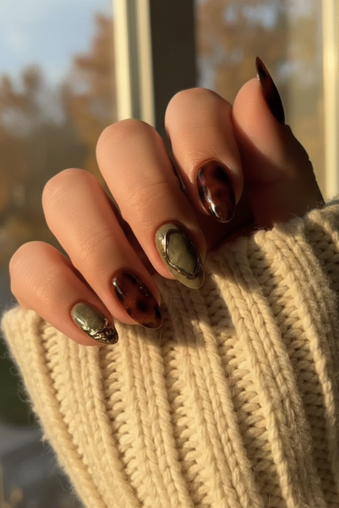 Tortoiseshell nails in amber, caramel, and dark espresso tones with glossy finish
