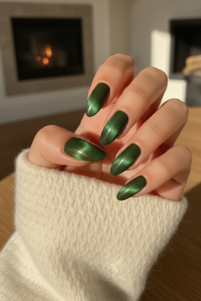 Green fall nails in olive, moss, and deep forest tones with matte and glossy finishes

