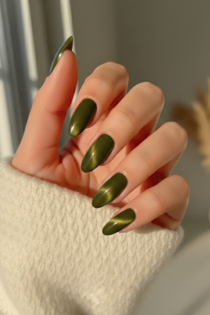 Green fall nails in olive, moss, and deep forest tones with matte and glossy finishes
