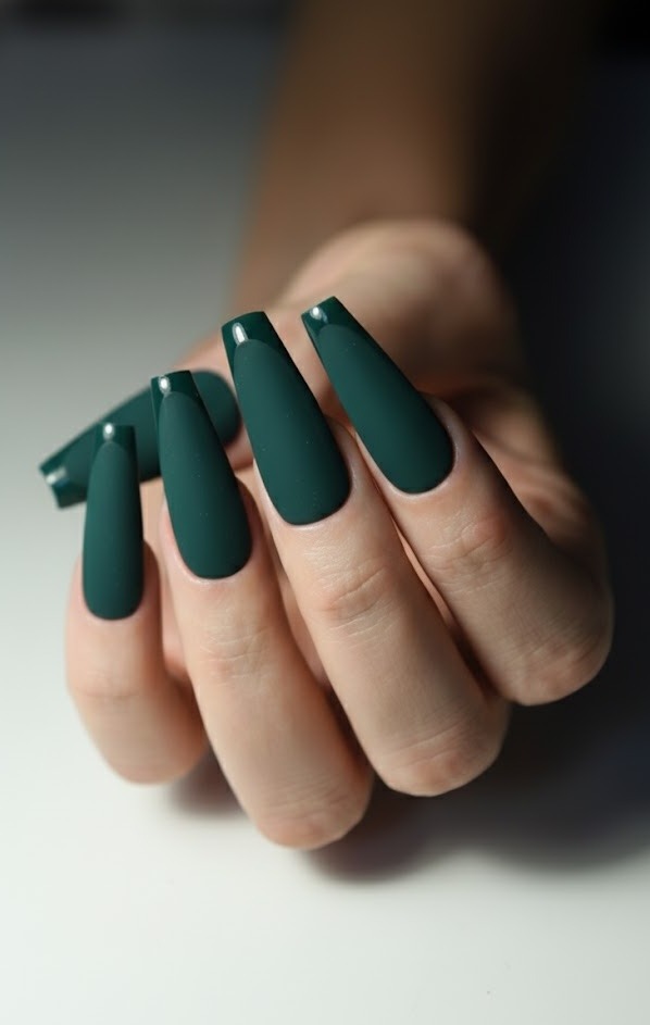 Green fall nails in olive, moss, and deep forest tones with matte and glossy finishes
