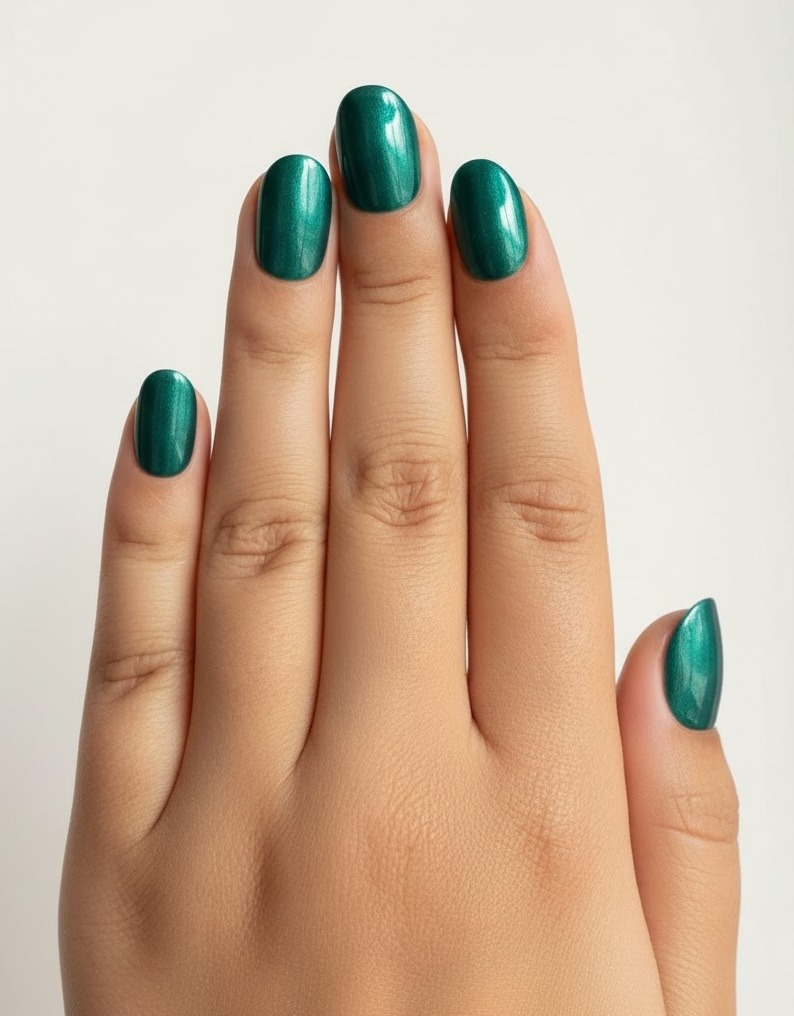 Green fall nails in olive, moss, and deep forest tones with matte and glossy finishes
