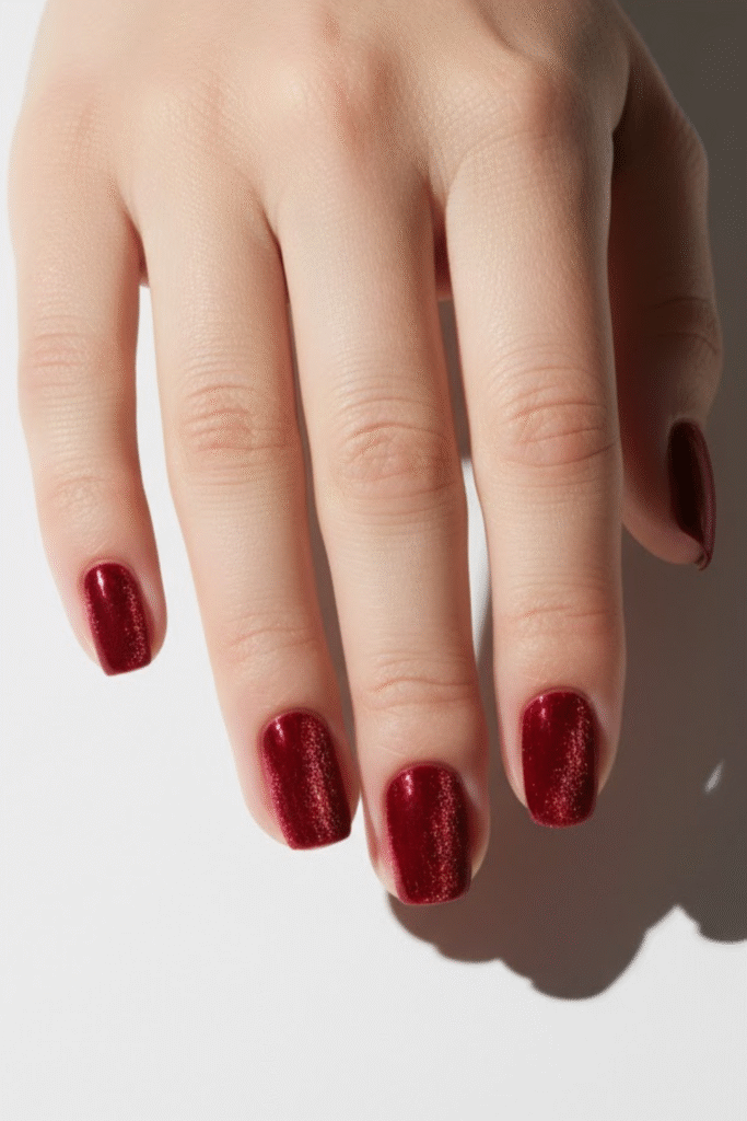Cranberry and merlot nails with high-shine finish in almond and coffin shapes

