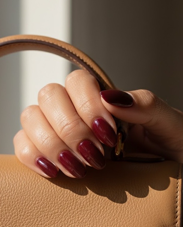 Cranberry and merlot nails with high-shine finish in almond and coffin shapes