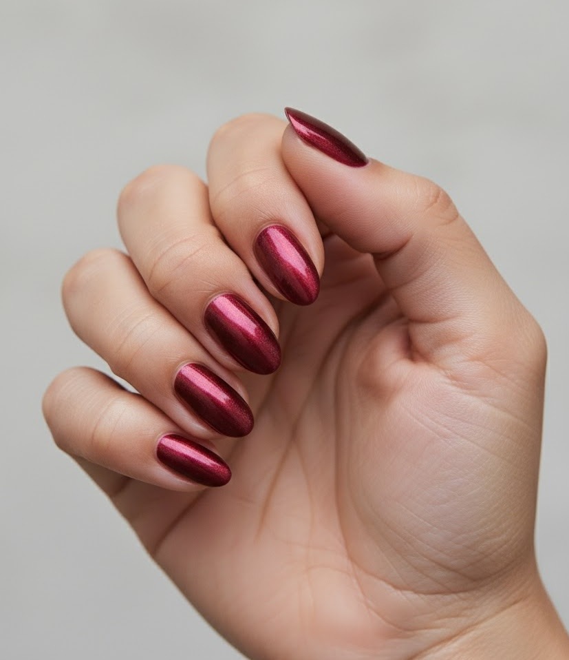 Cranberry and merlot nails with high-shine finish in almond and coffin shapes
