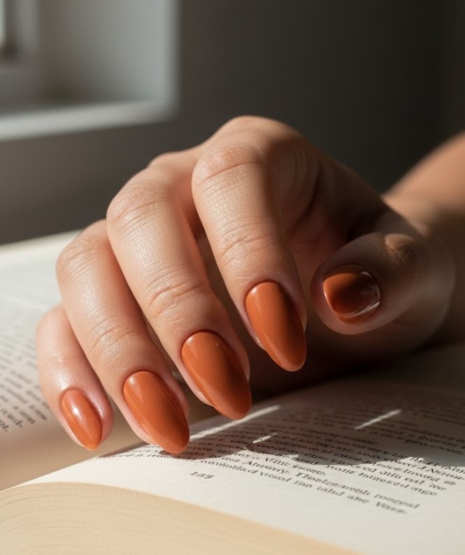 Glossy burnt orange, cinnamon chrome, deep berry, and gold-accented fall nails
