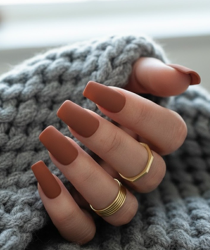 Glossy burnt orange, cinnamon chrome, deep berry, and gold-accented fall nails