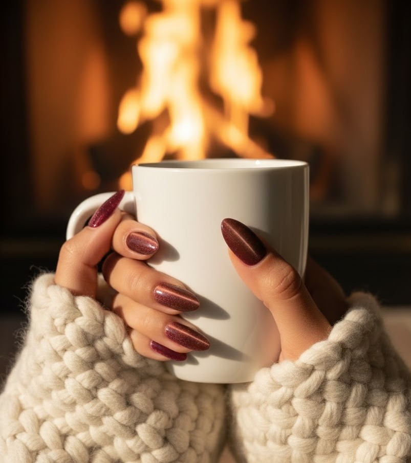 Fall French manicure with olive, burnt orange, and brown tips in almond and square shapes
