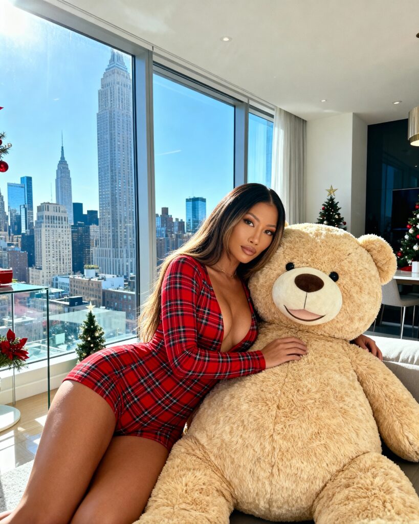 Woman lounging on a sofa in a red plaid holiday pajama romper, cuddling a large beige teddy bear in a modern apartment with city skyline windows and Christmas decor.

