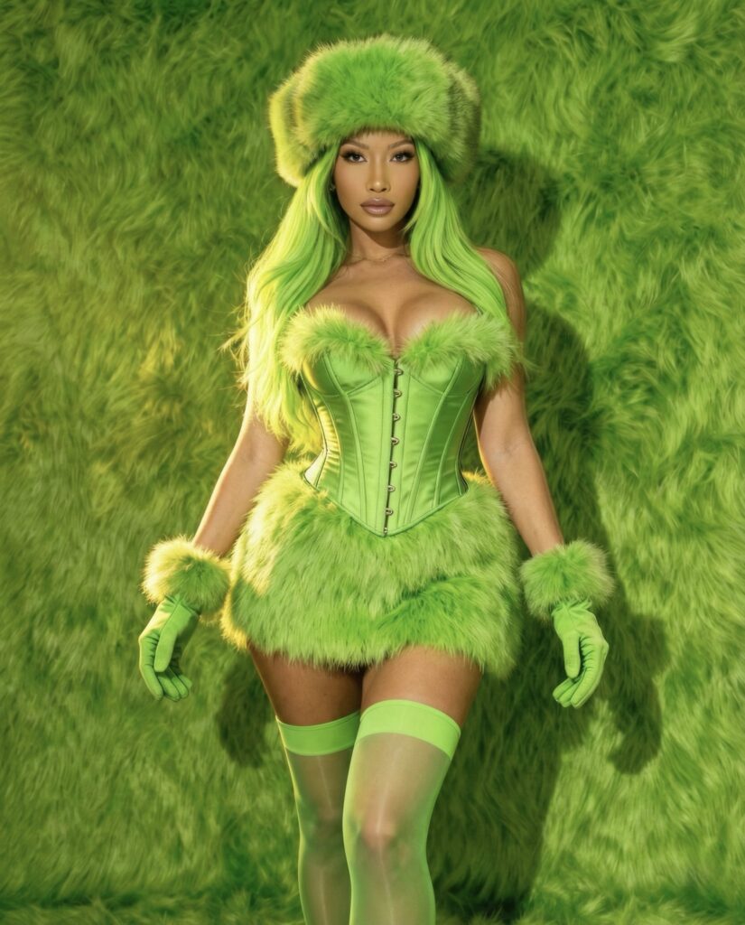 How I Brought My 2025 Christmas Mood Board to Life This Year (Updated Daily) 16 Ria Santos in a high-fashion Grinch-inspired holiday look. She wears a vibrant lime green faux fur mini skirt, matching furry corset with plush trim, long lime gloves, thigh-high stockings, and a fuzzy winter hat. Her neon green hair cascades down her shoulders, and she poses confidently against a full green faux fur backdrop, serving fierce holiday glam with a playful twist.