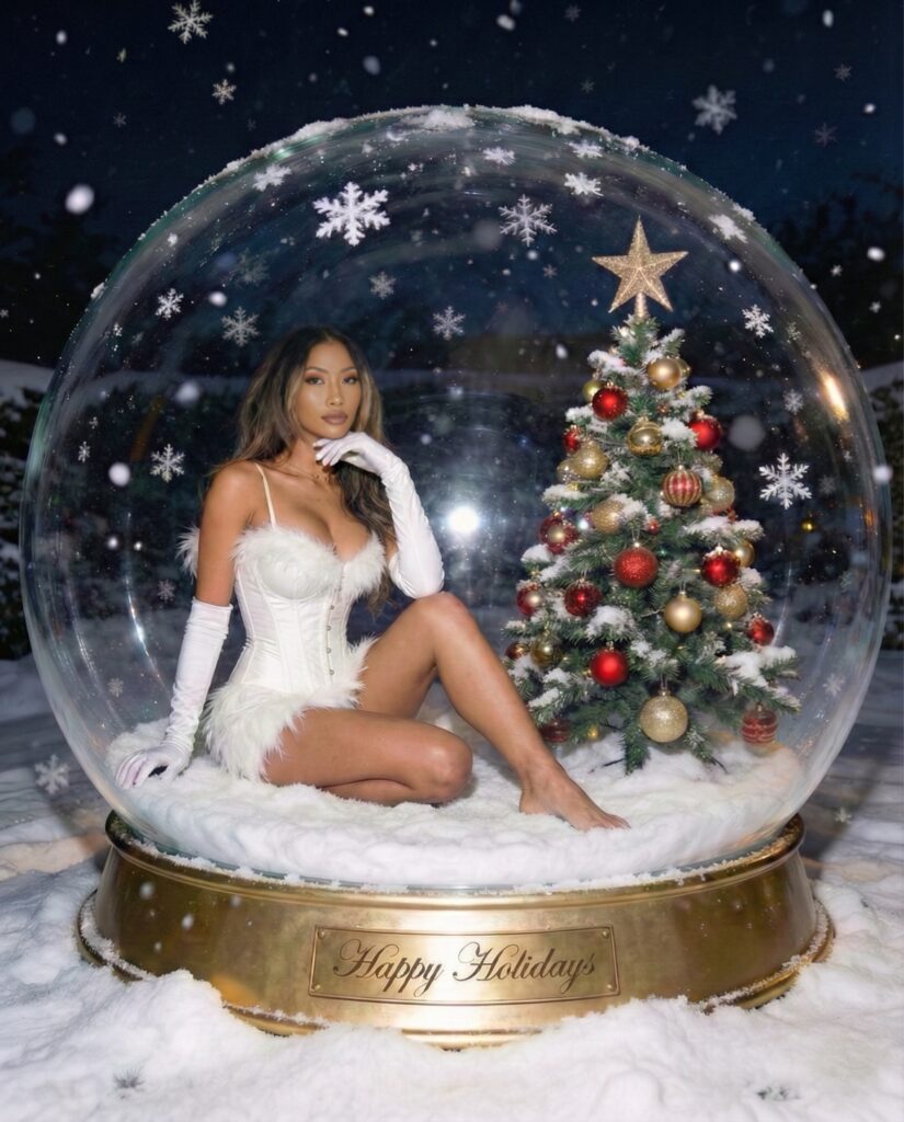 How I Brought My 2025 Christmas Mood Board to Life This Year (Updated Daily) 17 Woman posing inside a life-sized snow globe next to a decorated Christmas tree, wearing a white faux fur holiday outfit and gloves, surrounded by snow and falling snowflakes.