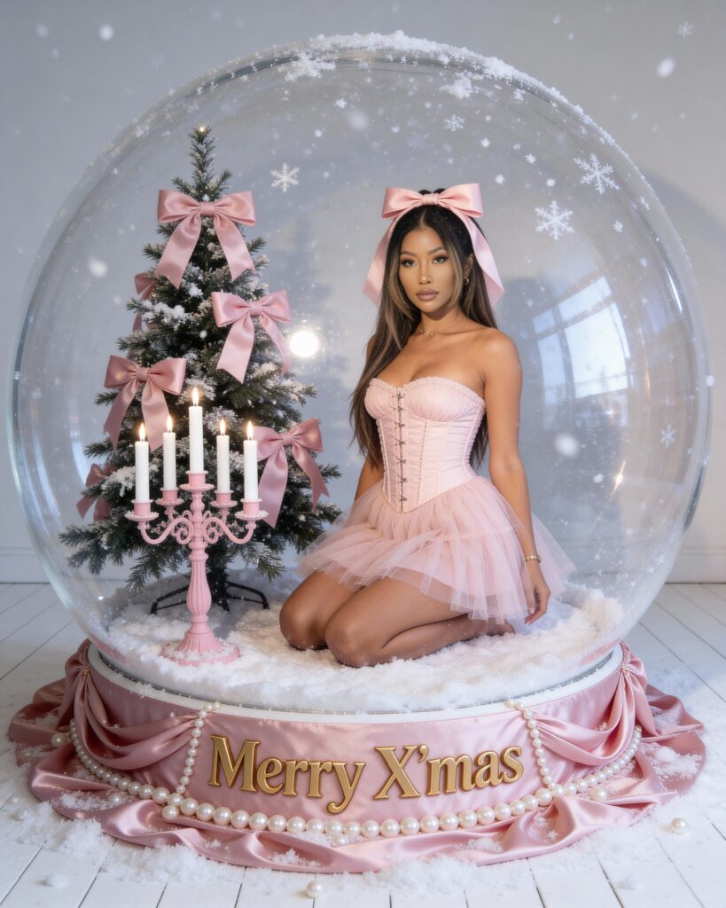How I Brought My 2025 Christmas Mood Board to Life This Year (Updated Daily) 19 Woman kneeling inside a pink-themed snow globe wearing a strapless light pink corset and tulle dress. A pink Christmas tree with large bows, a matching candelabra, and a blush pink satin base with pearls and gold “Merry X’mas” text complete the scene. Falling snow and soft lighting create a magical, feminine holiday aesthetic.