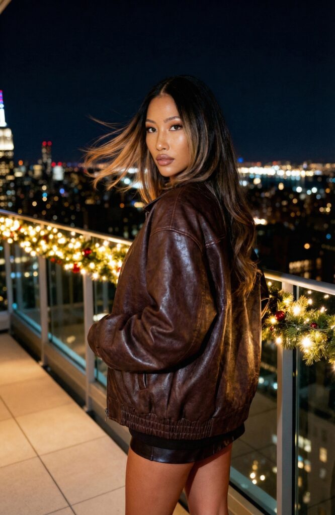 Woman wearing a brown leather jacket at night on a city balcony with winter lights, cozy winter outfit and cold weather style